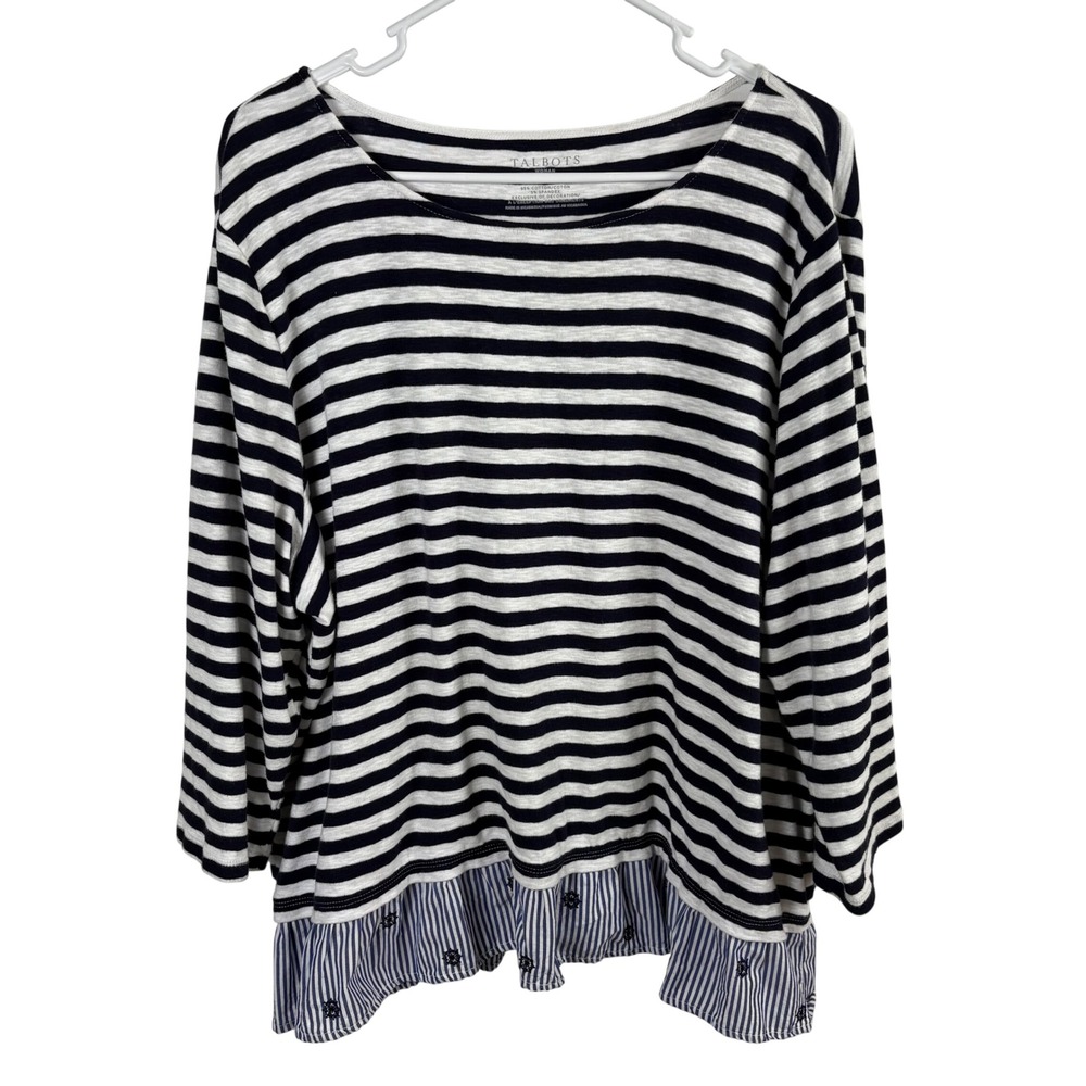 Talbots Navy White Striped Top Womens 2X Ruffle Hem Nautical Coastal Preppy